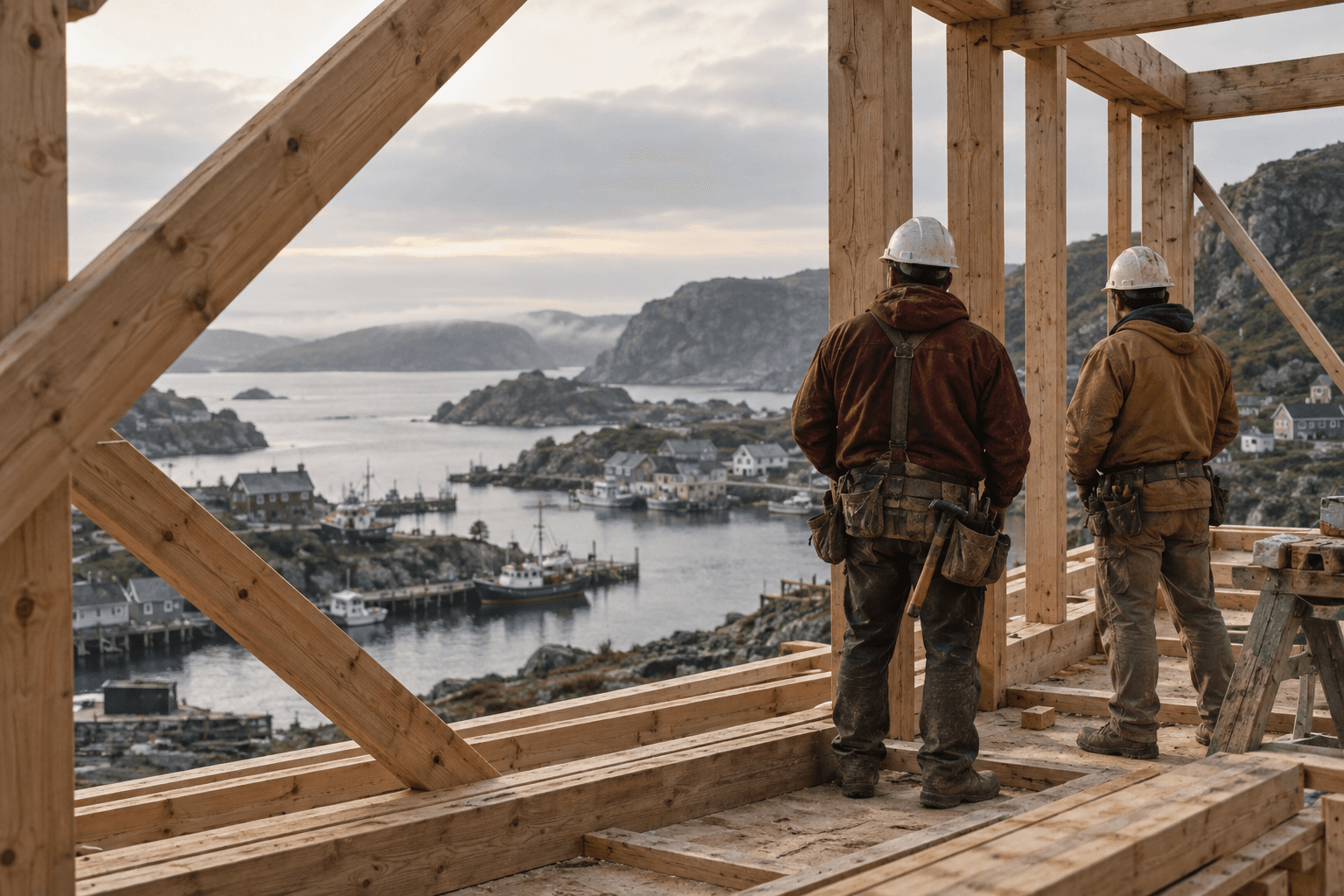 Illustrative construction scene: timber framing above an Atlantic harbour town