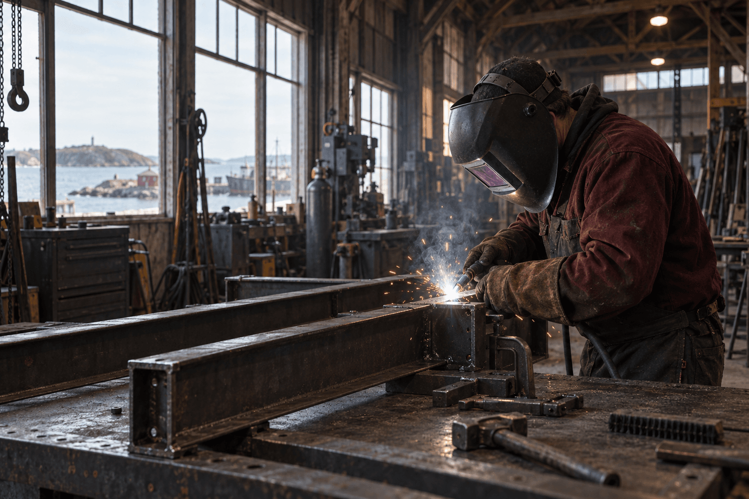 Illustrative workshop scene: fabrication equipment in an industrial shop