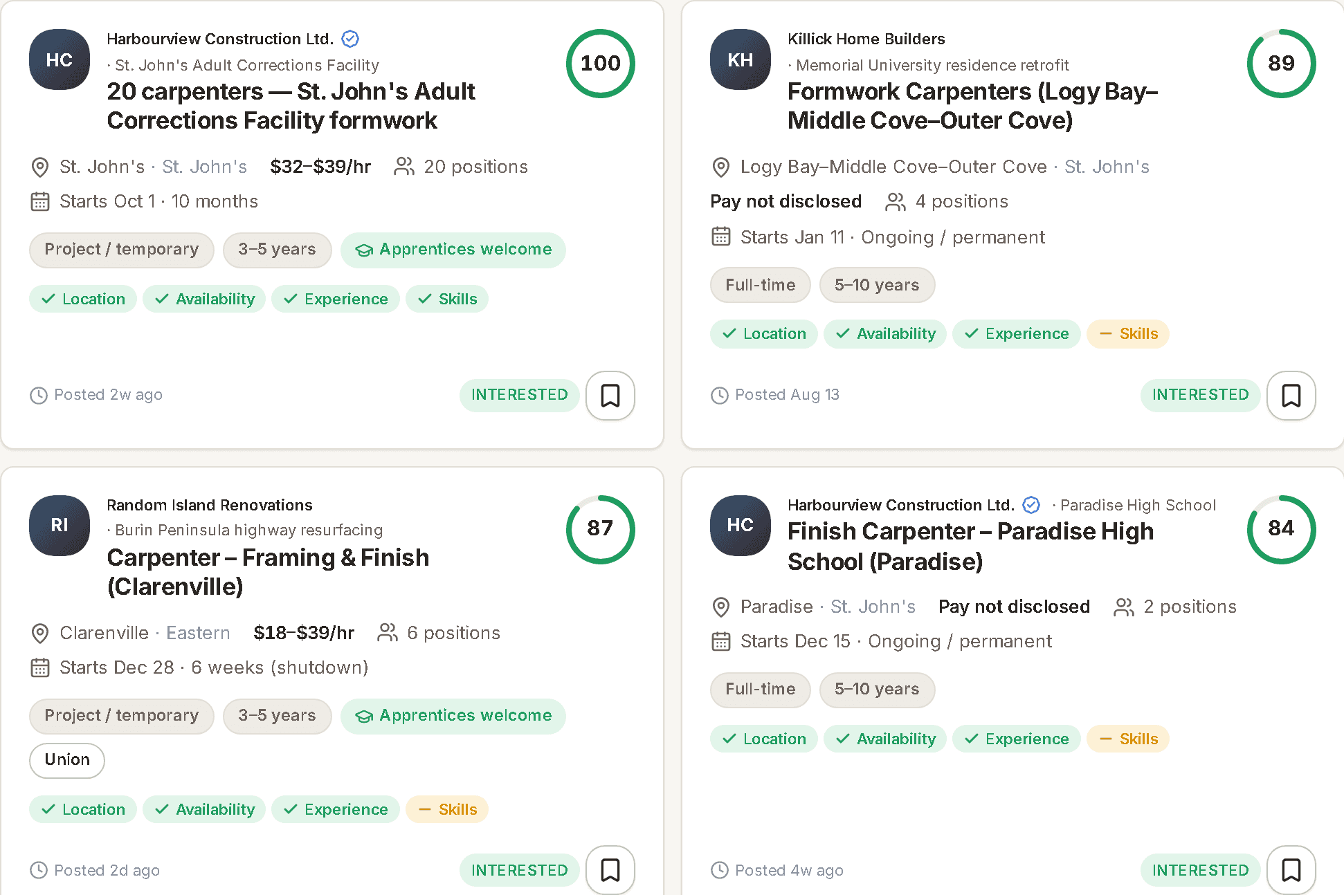 Jobs for you: open postings each with a 0 to 100 score and the factors that made it, best matches first