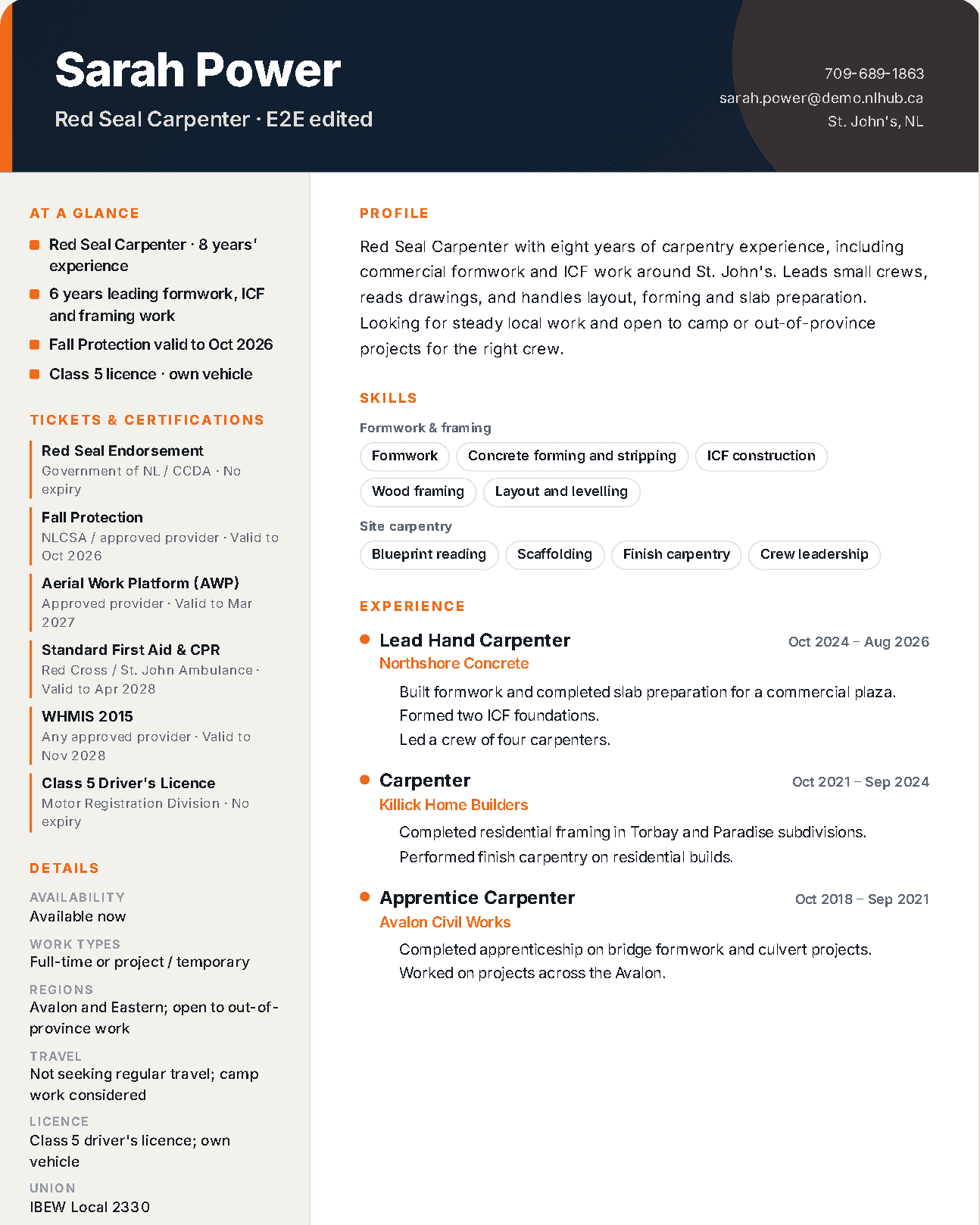 A worker's generated resume: at-a-glance summary, tickets with expiry dates, skills and experience, built from the profile
